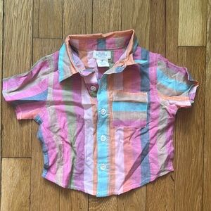 Pink Chicken (Blue Rooster) Baby Button Down Shirt Multi Stripe 3/6M